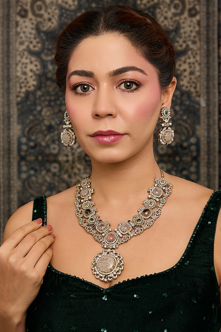 Gold Finish Zircon & Multi-Colored Stone Long Pendant Necklace Set by Moh-Maya by Disha Khatri at Pernia's Pop Up Shop