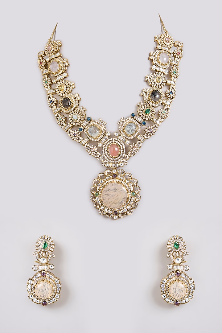 Gold Finish Zircon & Multi-Colored Stone Long Pendant Necklace Set by Moh-Maya by Disha Khatri at Pernia's Pop Up Shop