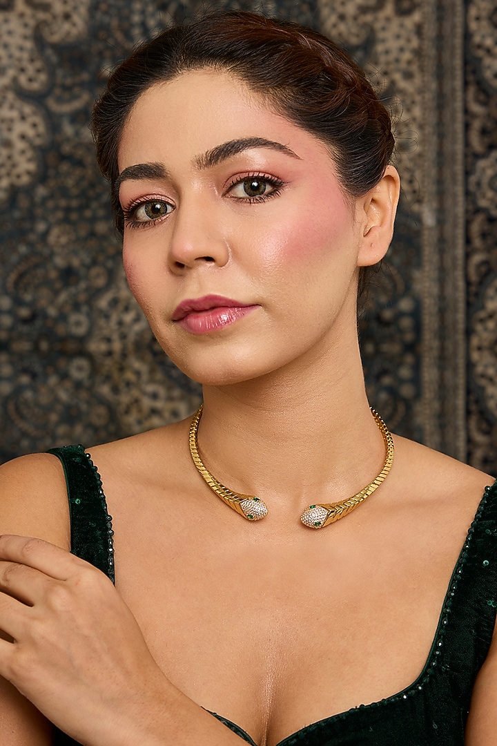 Gold Finish Zircon & Emerald Stone Necklace by Moh-Maya by Disha Khatri at Pernia's Pop Up Shop