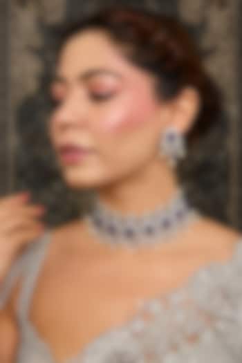 Silver Finish Zircon & Sapphire Stone Choker Necklace Set by Moh-Maya by Disha Khatri at Pernia's Pop Up Shop
