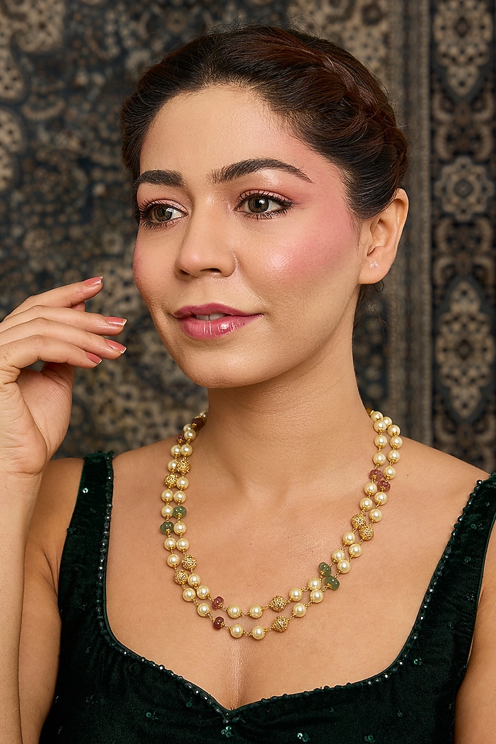 Gold Finish Ruby & Emerald Stone Layered Long Necklace by Moh-Maya by Disha Khatri at Pernia's Pop Up Shop
