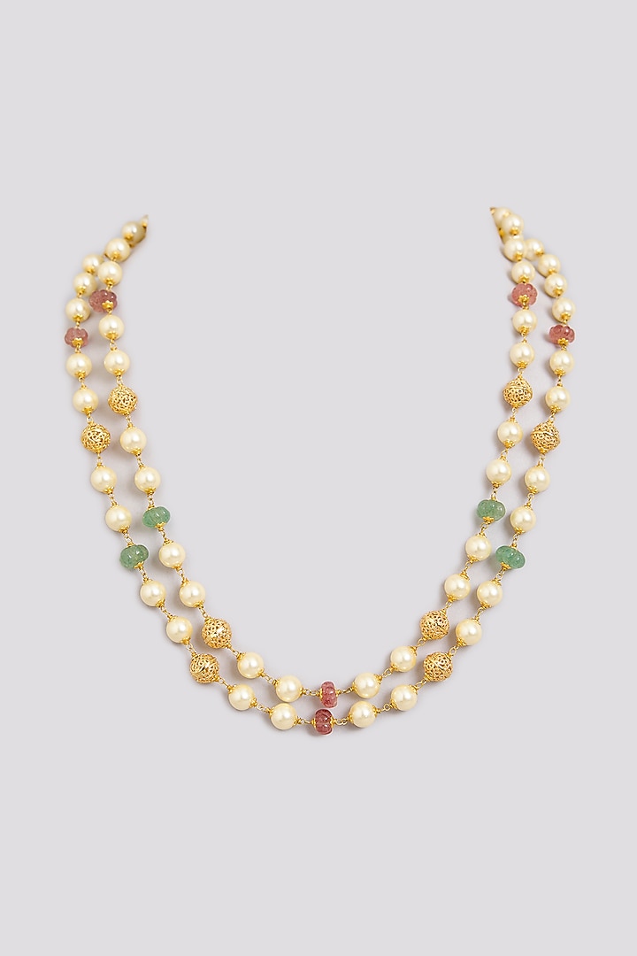 Gold Finish Ruby & Emerald Stone Layered Long Necklace by Moh-Maya by Disha Khatri at Pernia's Pop Up Shop