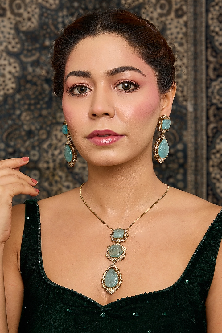 Gold Finish Zircon & Mint Stone Long Necklace Set by Moh-Maya by Disha Khatri at Pernia's Pop Up Shop