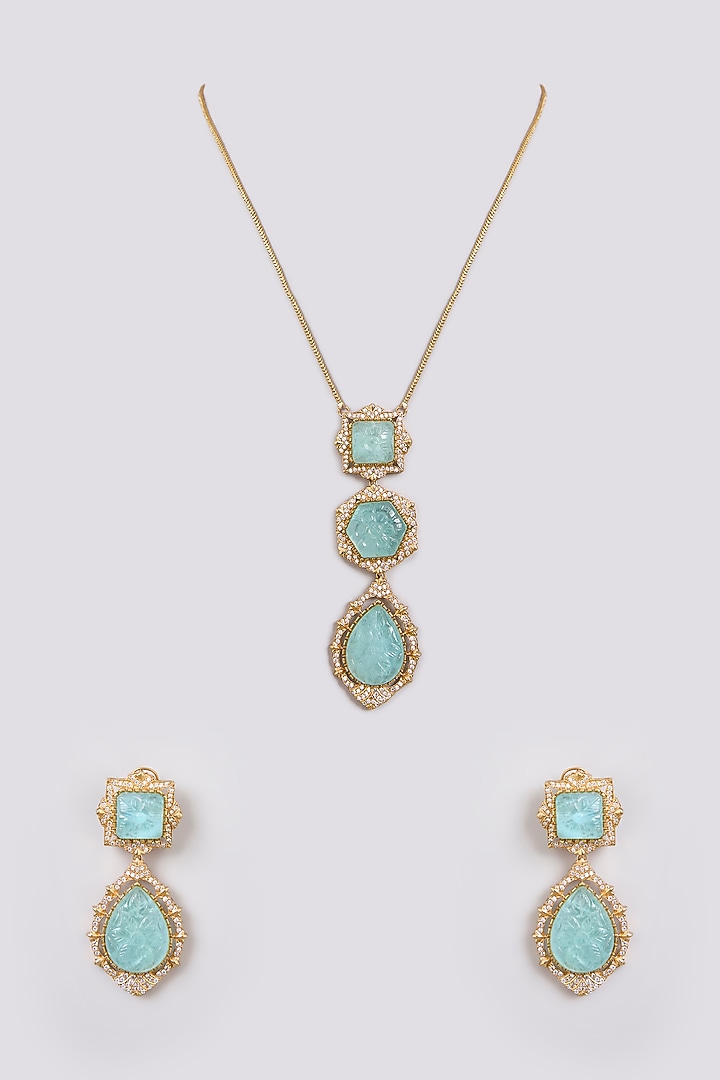 Gold Finish Zircon & Mint Stone Long Necklace Set by Moh-Maya by Disha Khatri at Pernia's Pop Up Shop