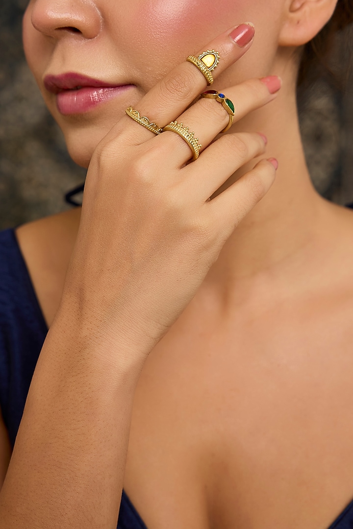 Gold Finish Kundan Polki Nail Accessories (Set Of 4) by Moh-Maya by Disha Khatri at Pernia's Pop Up Shop