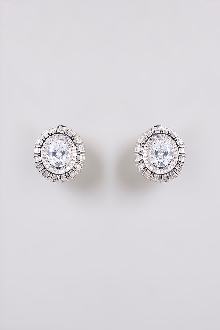 Silver Finish Zircon Stud Earrings by Moh-Maya by Disha Khatri at Pernia's Pop Up Shop