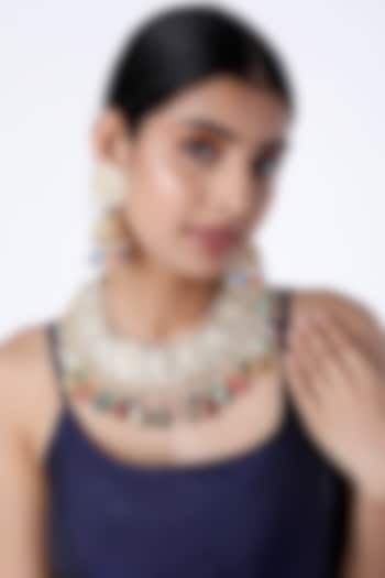 Gold Finish Kundan Polki Meenakari Choker Necklace Set by Moh-Maya by Disha Khatri