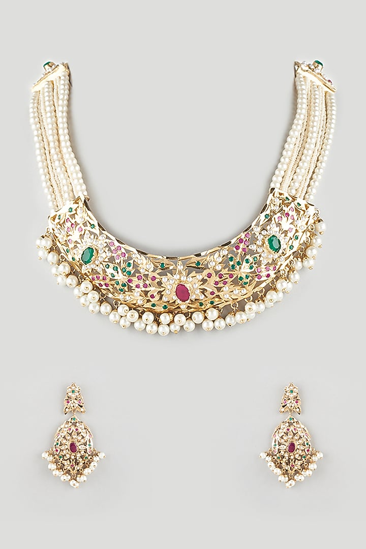 Gold Finish Pearl Necklace Set by Moh-Maya by Disha Khatri at Pernia's Pop Up Shop