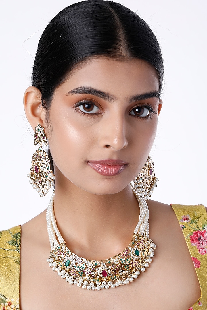 Gold Finish Pearl Necklace Set by Moh-Maya by Disha Khatri at Pernia's Pop Up Shop