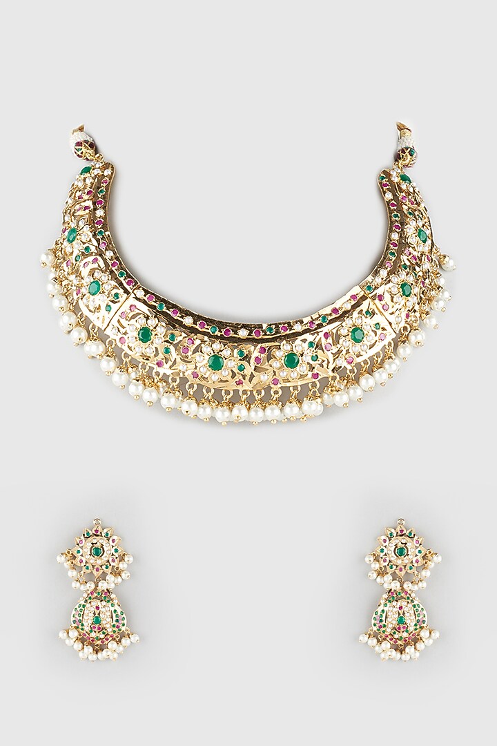 Gold Finish Beaded Choker Necklace Set by Moh-Maya by Disha Khatri at Pernia's Pop Up Shop