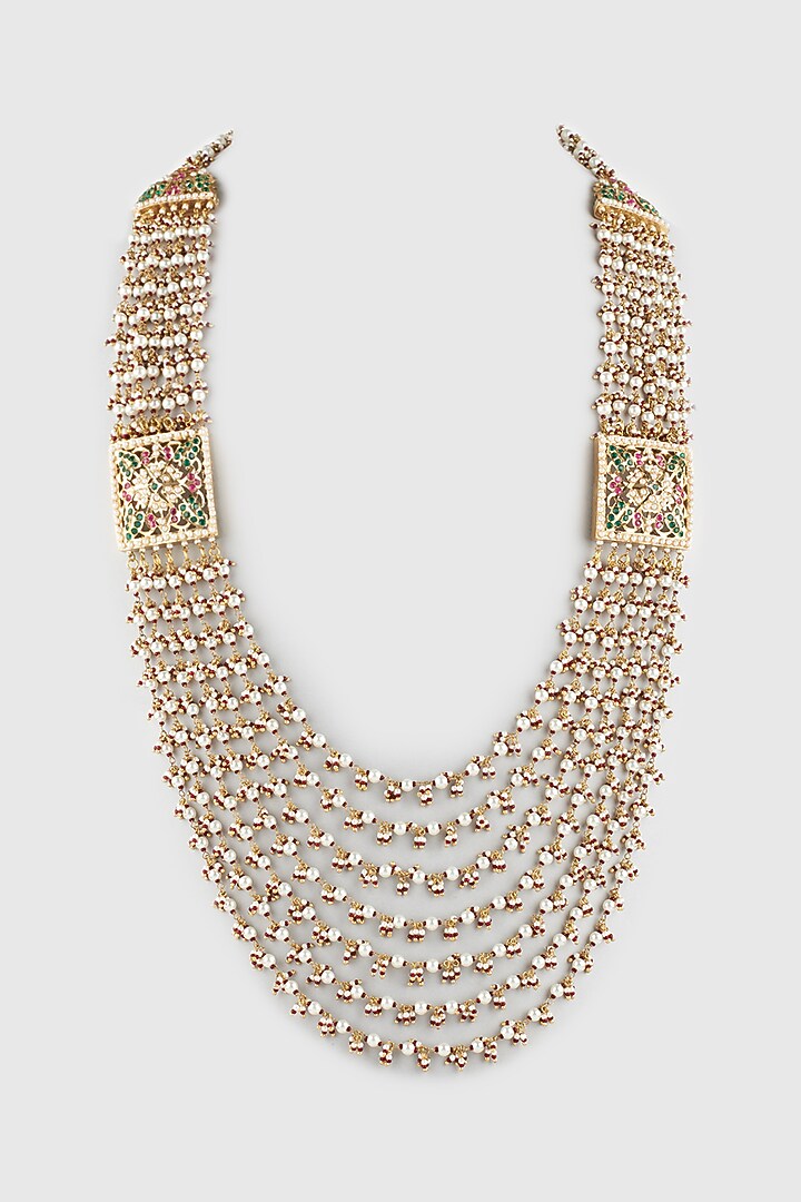 Gold Finish Pearl & Jadau Stone Multi Layered Mala Necklace by Moh-Maya by Disha Khatri at Pernia's Pop Up Shop