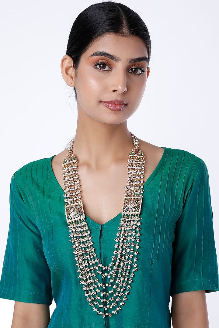 Gold Finish Pearl & Jadau Stone Multi Layered Mala Necklace by Moh-Maya by Disha Khatri