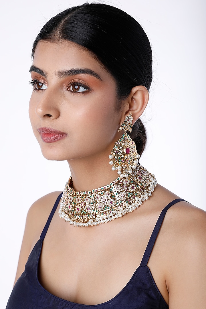 Gold Finish Pearl Choker Necklace Set by Moh-Maya by Disha Khatri at Pernia's Pop Up Shop