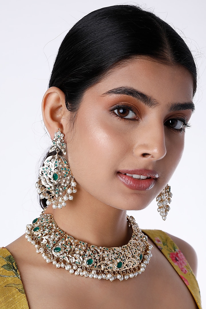 Gold Finish Emerald Jadau Stone Choker Necklace Set by Moh-Maya by Disha Khatri