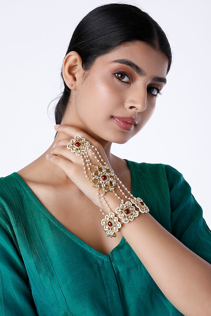 Gold Finish Kundan Polki Hathphool  by Moh-Maya by Disha Khatri at Pernia's Pop Up Shop