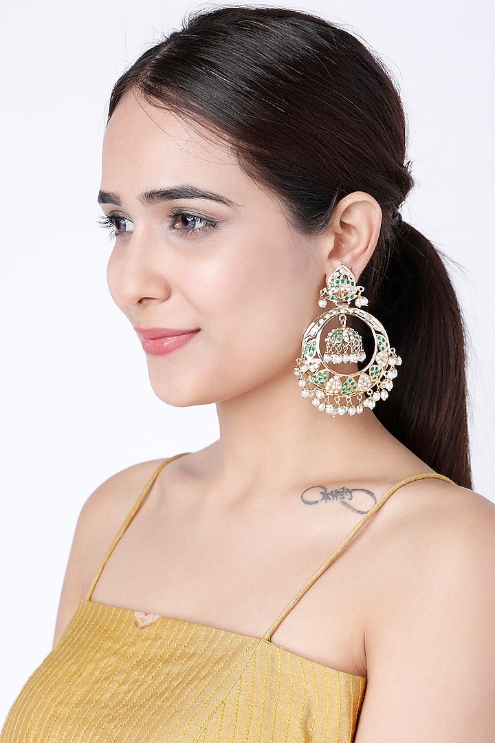 Gold Finish Chandbali Earrings With Pearls by Moh-Maya by Disha Khatri at Pernia's Pop Up Shop