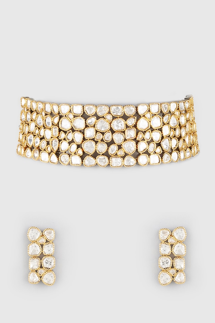 Gold Finish Kundan Polki Choker Necklace Set by Moh-Maya by Disha Khatri at Pernia's Pop Up Shop