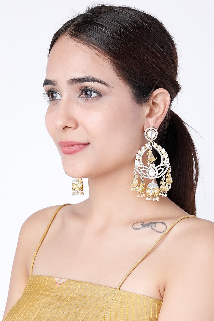 Gold Finish Faux Diamond Chandbali Jhumkas With Pearls by Moh-Maya by Disha Khatri