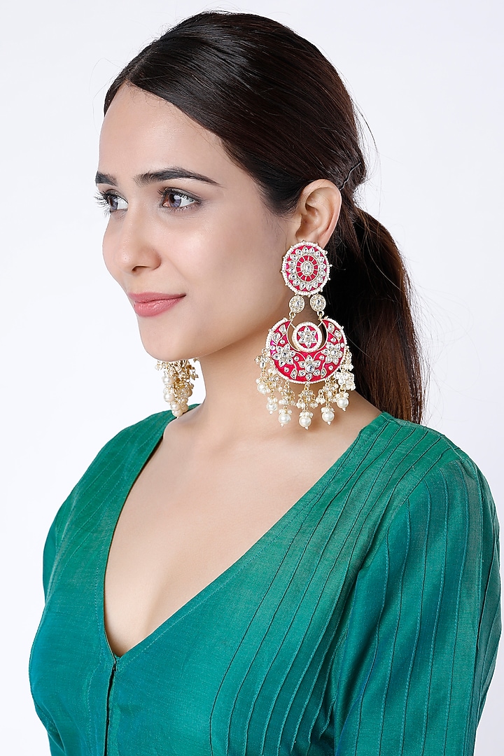 Gold Finish Meenakari Chandbali Earrings by Moh-Maya by Disha Khatri at Pernia's Pop Up Shop