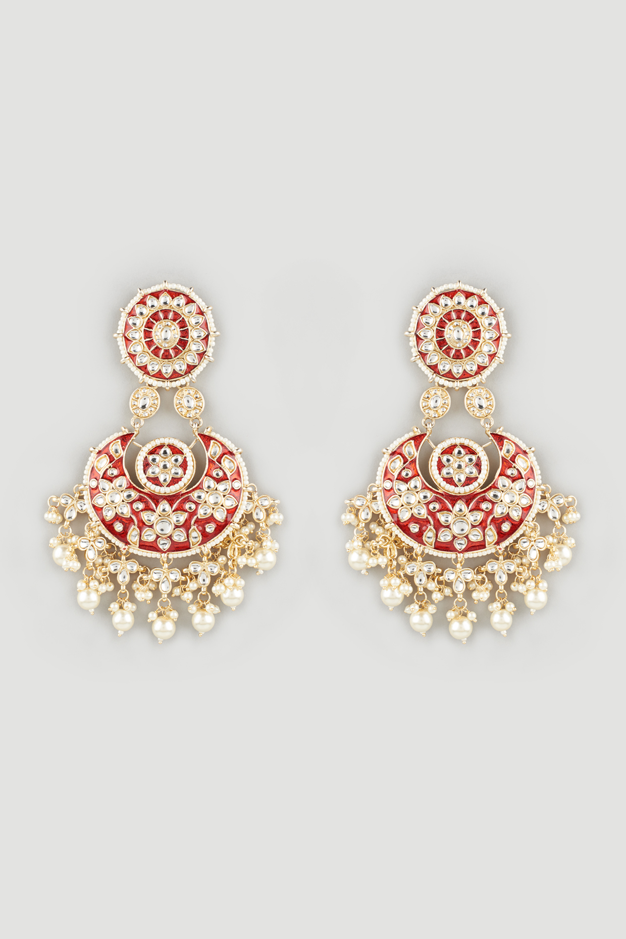 Gold Finish Maroon Glass & Pearl Chandbali Earrings by Moh-Maya by Disha Khatri