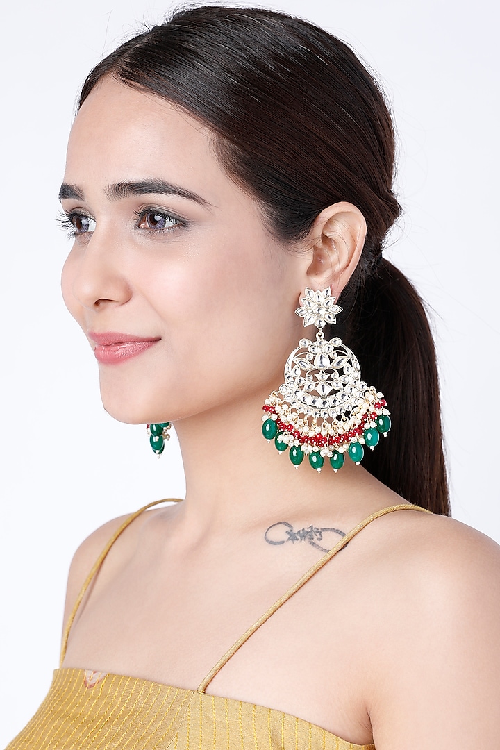 Gold Finish Green Beaded Chandbali Earrings by Moh-Maya by Disha Khatri