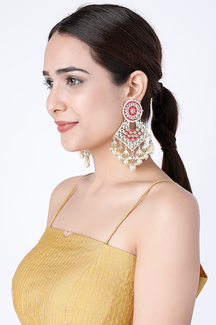 Gold Finish Beaded Meenakari Chandbali Earrings by Moh-Maya by Disha Khatri