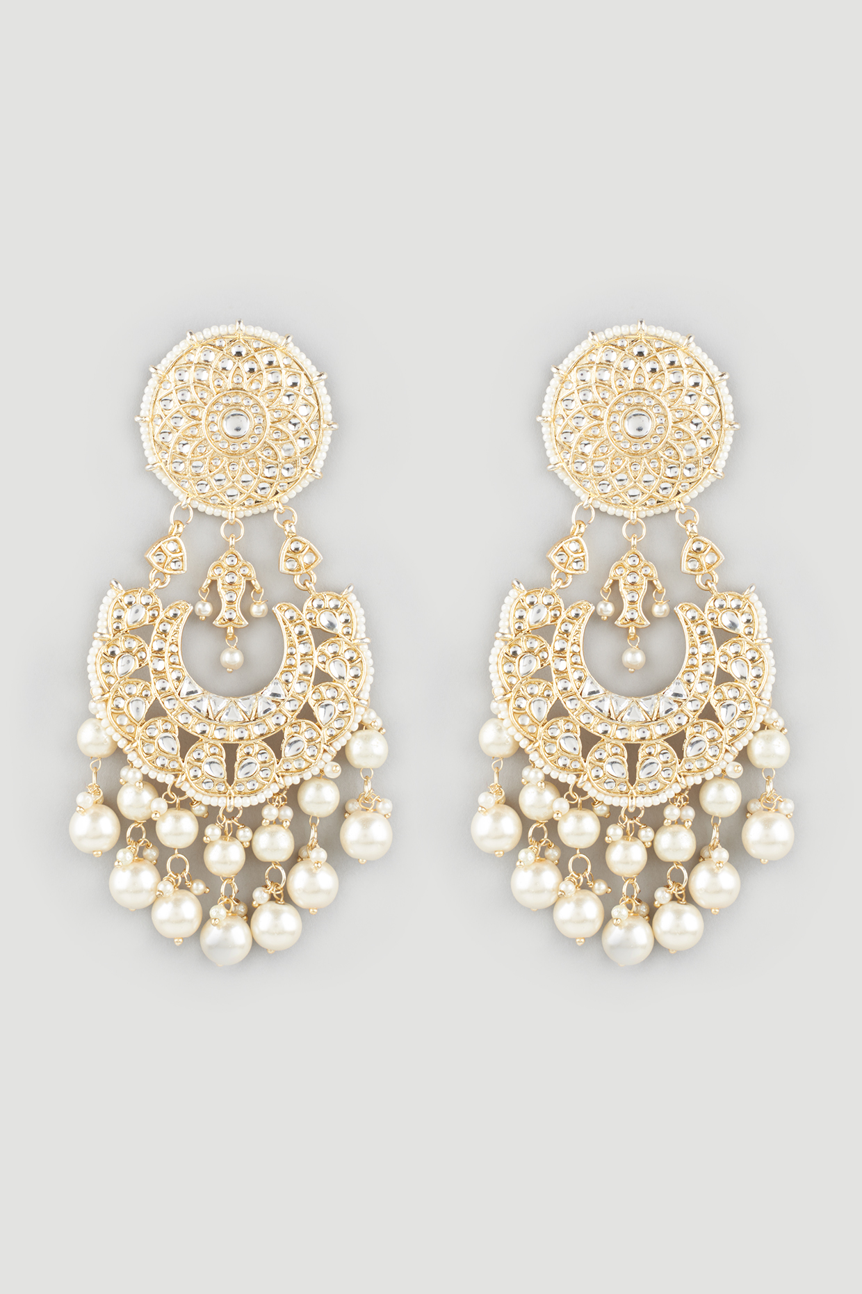 Gold Finish Kundan Polki Chandbali Earrings by Moh-Maya by Disha Khatri