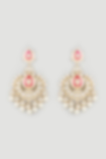 Gold Finish Hot Pink Meenakari Chandbali Earrings by Moh-Maya by Disha Khatri