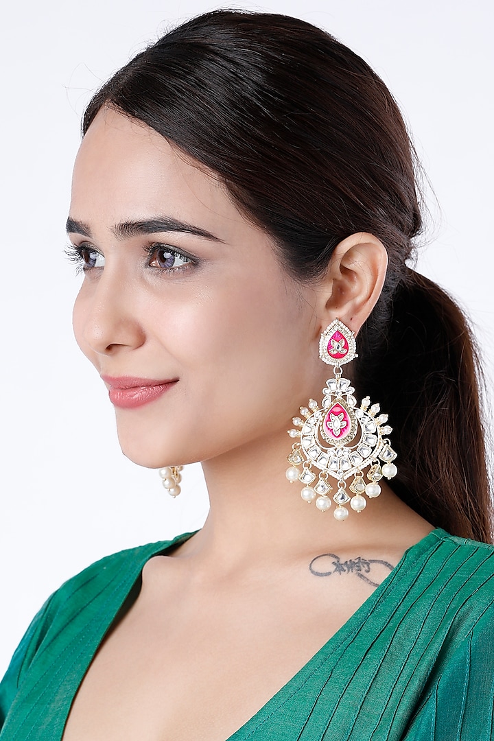 Gold Finish Hot Pink Meenakari Chandbali Earrings by Moh-Maya by Disha Khatri