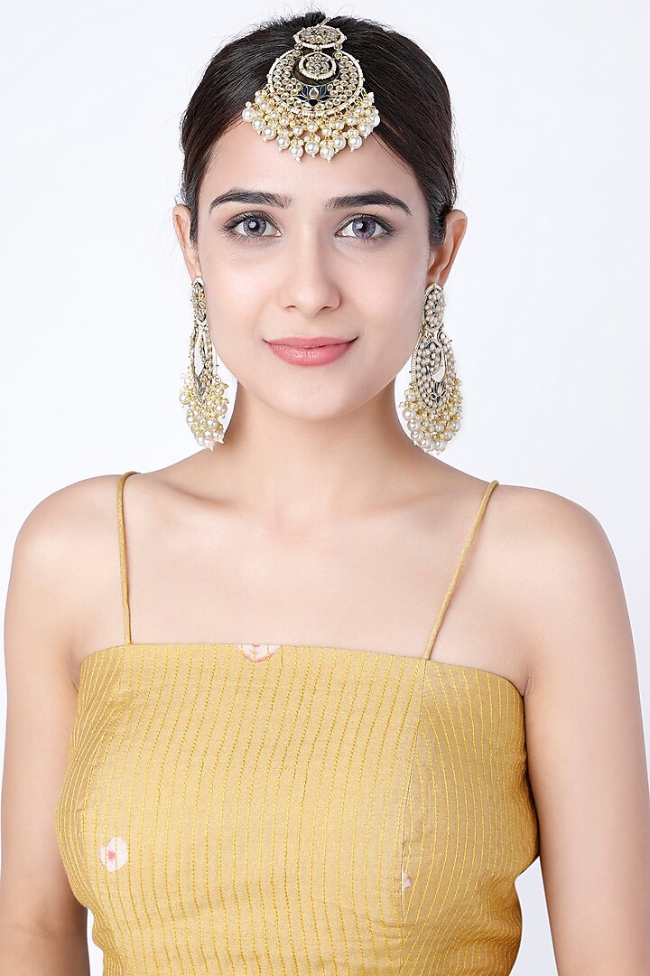 Gold Finish Meenakari Chandbali Earrings With Maang Tikka by Moh-Maya by Disha Khatri at Pernia's Pop Up Shop