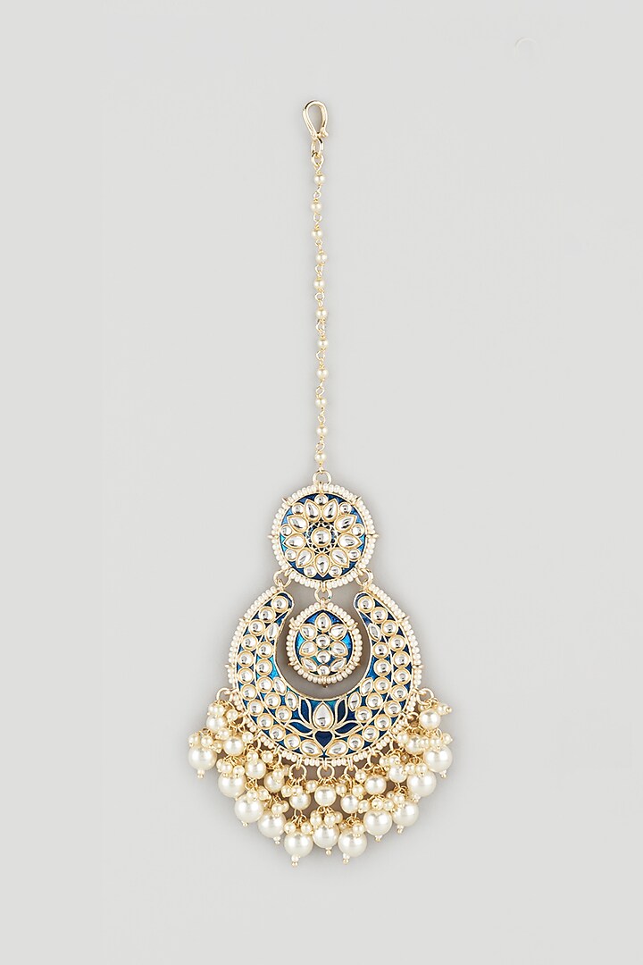 Gold Finish Meenakari Chandbali Earrings With Maang Tikka by Moh-Maya by Disha Khatri at Pernia's Pop Up Shop