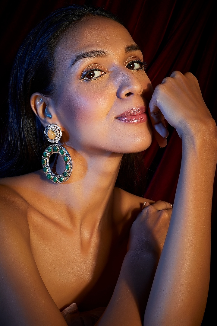 Two Tone Finish Emerald & Zircons Dangler Earrings by Moh-Maya by Disha Khatri at Pernia's Pop Up Shop