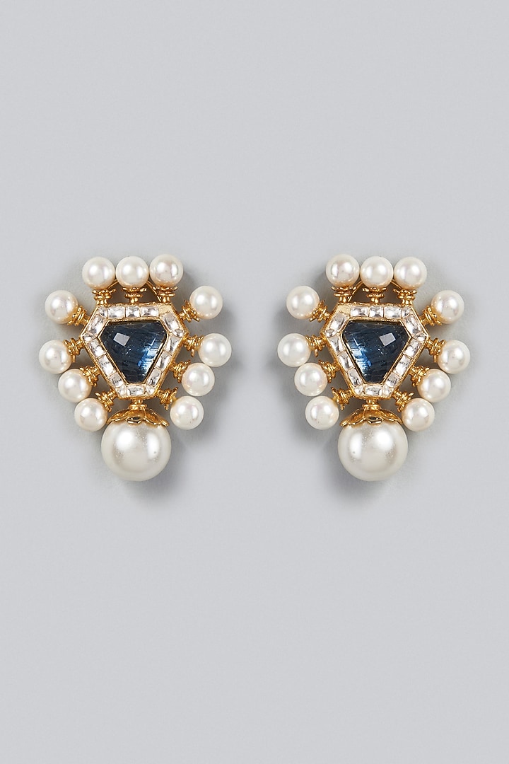 Gold Finish Pearls Triangle Stud Earrings by Moh-Maya by Disha Khatri at Pernia's Pop Up Shop