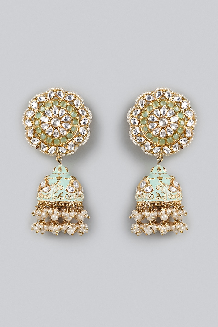 Gold Finish Kundan & Pearls Jhumka Earrings by Moh-Maya by Disha Khatri at Pernia's Pop Up Shop