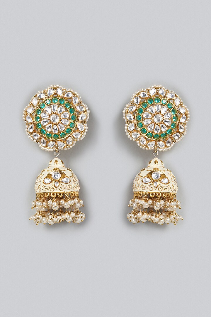 Gold Finish Kundan & Green Stones Jhumka Earrings by Moh-Maya by Disha Khatri at Pernia's Pop Up Shop