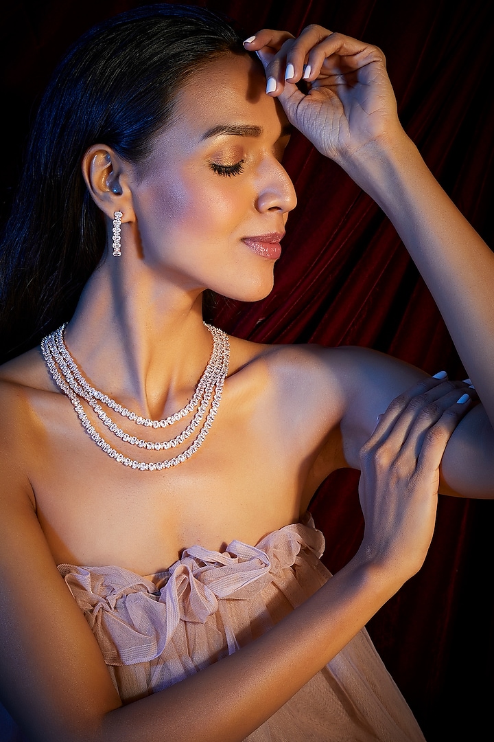 Rose Gold Finish Zircons Layered Necklace Set by Moh-Maya by Disha Khatri