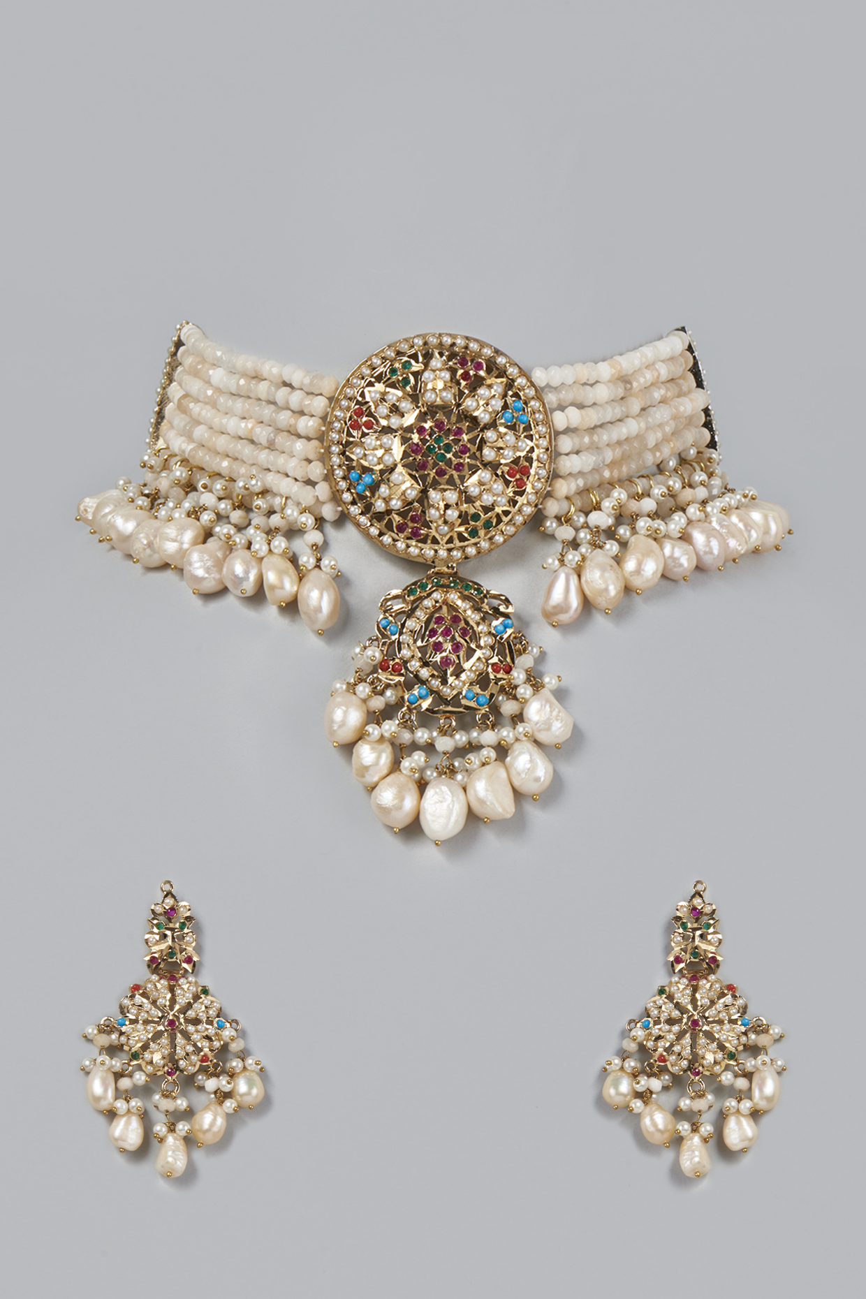 Gold Finish Synthetic stones Choker Necklace Set by Moh-Maya by Disha Khatri