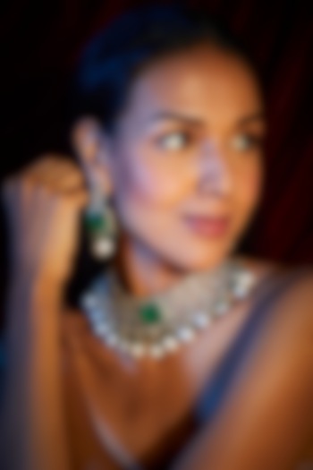 Gold Finish Emeralds & Zircons Choker Necklace Set by Moh-Maya by Disha Khatri at Pernia's Pop Up Shop
