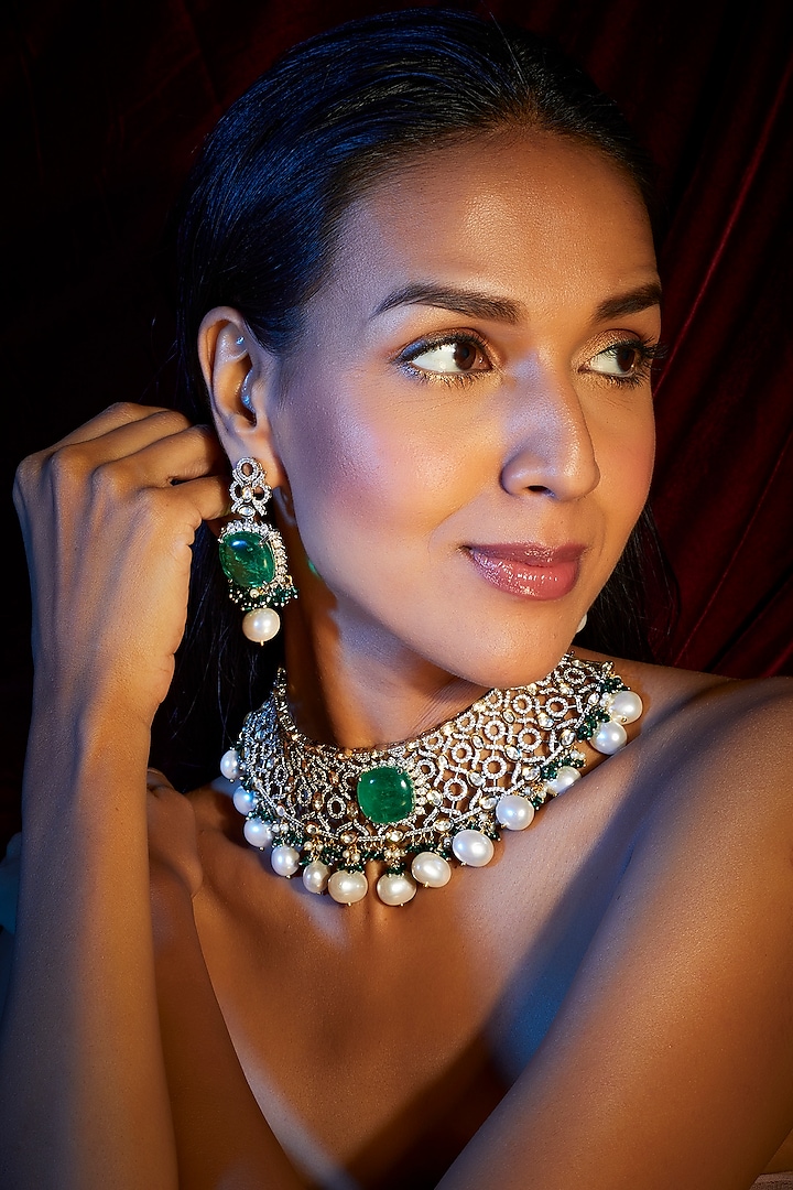 Gold Finish Emeralds & Zircons Choker Necklace Set by Moh-Maya by Disha Khatri at Pernia's Pop Up Shop