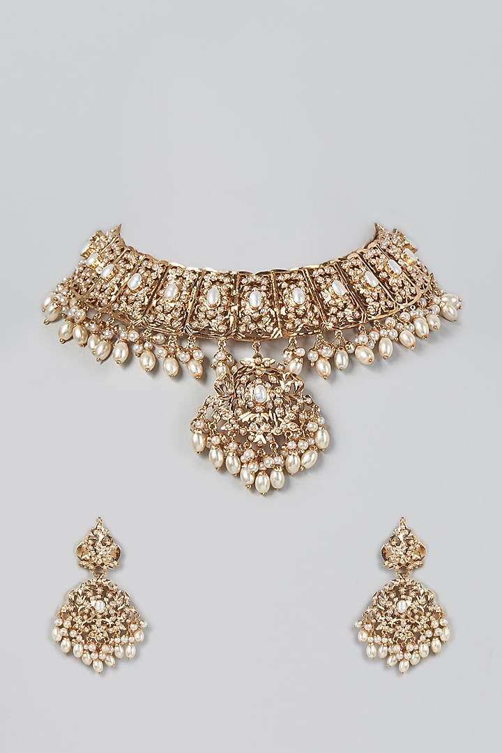 Gold Finish Jadau Pearls Choker Necklace Set by Moh-Maya by Disha Khatri at Pernia's Pop Up Shop