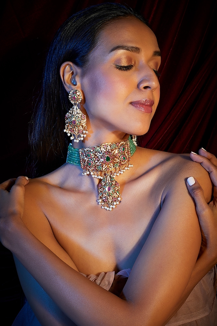 Gold Finish Navratan Choker Necklace Set by Moh-Maya by Disha Khatri