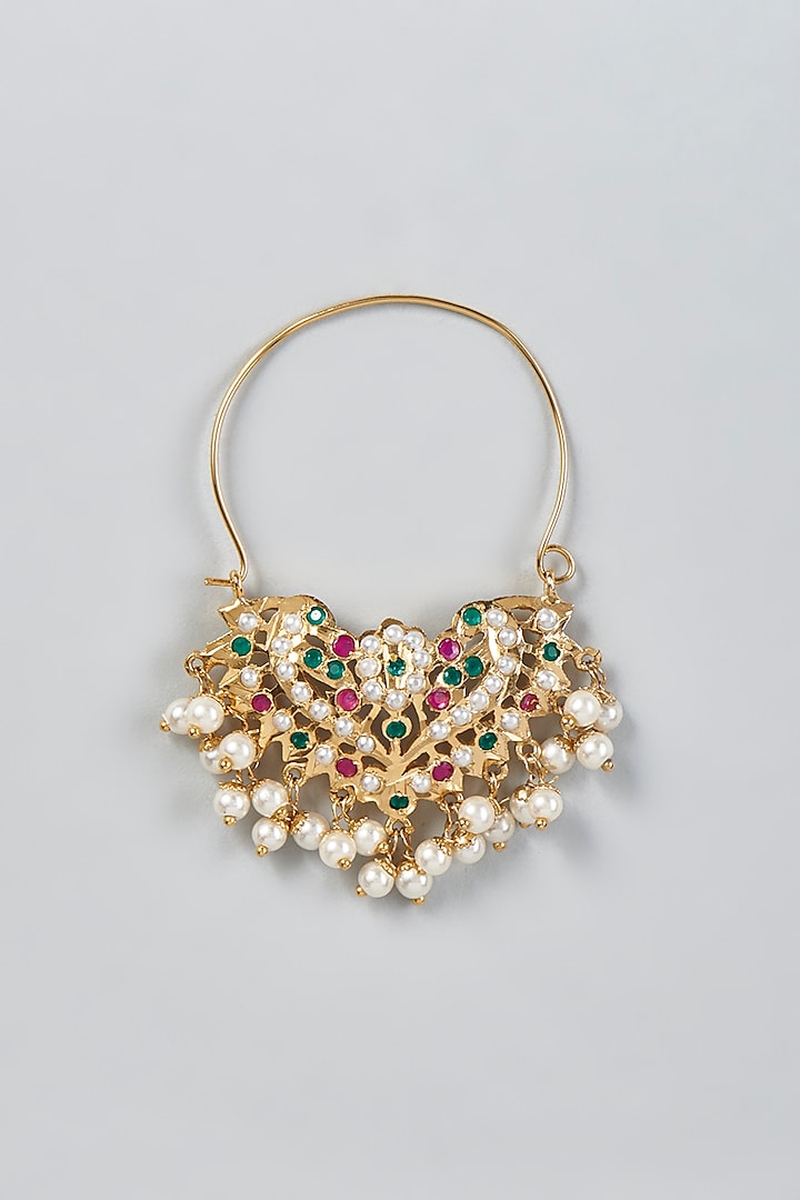Gold Finish Kundan Polki Nose Ring by Moh-Maya by Disha Khatri