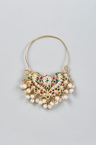 Gold Finish Kundan Polki Nose Ring by Moh-Maya by Disha Khatri