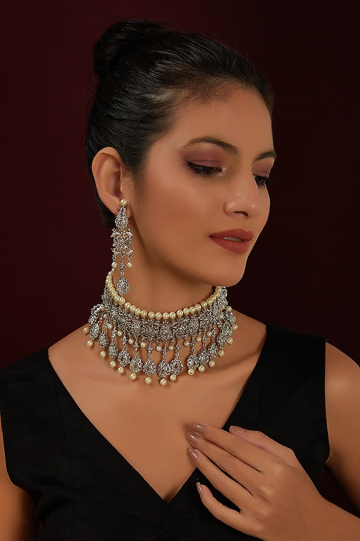 White Finish Zircon Choker Necklace Set by Moh-Maya by Disha Khatri at Pernia's Pop Up Shop