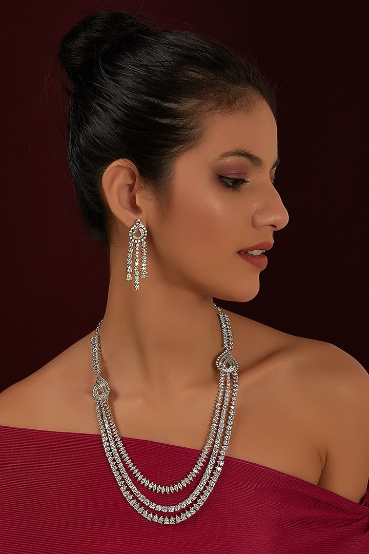 White Finish Zircon Layered Long Necklace Set by Moh-Maya by Disha Khatri at Pernia's Pop Up Shop