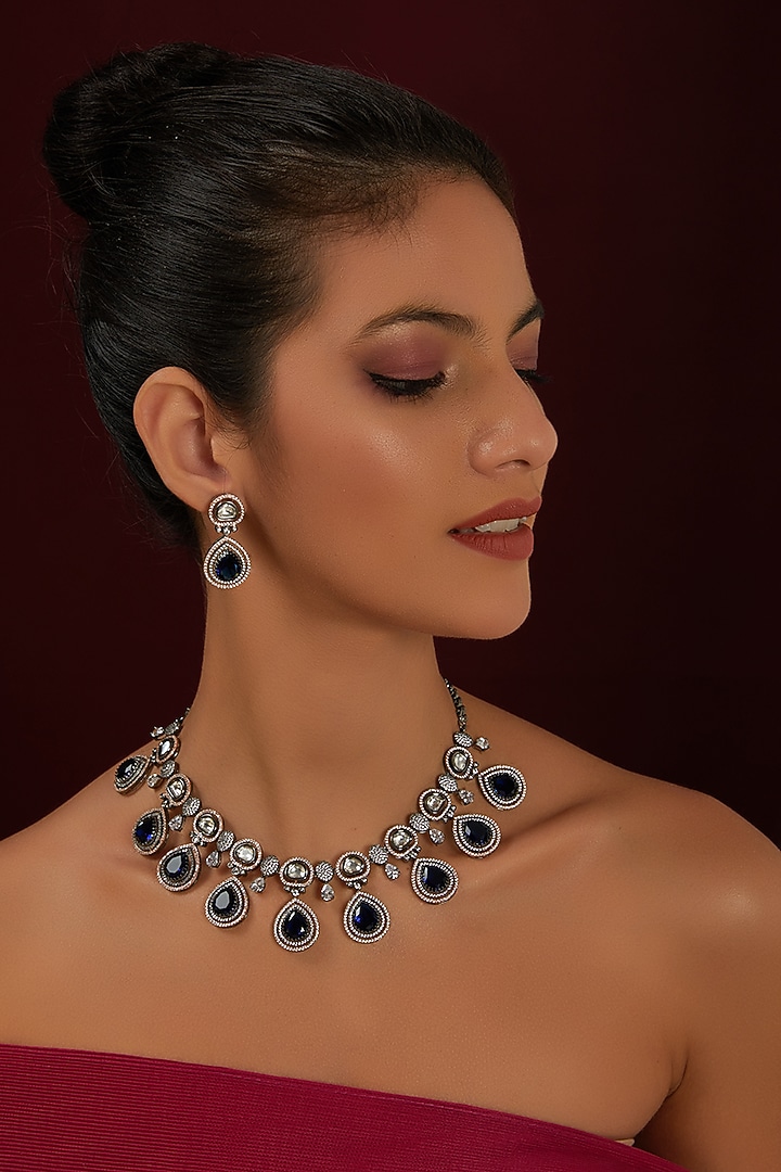 White Finish Zircon & Sapphire Stone Choker Necklace Set by Moh-Maya by Disha Khatri at Pernia's Pop Up Shop