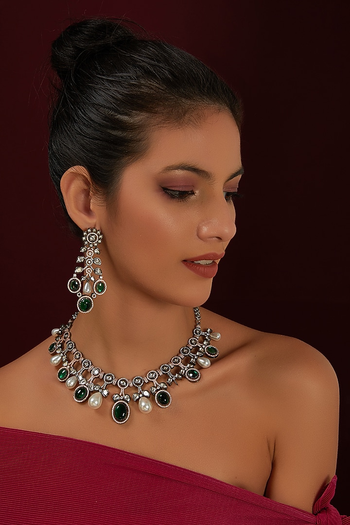White Finish Zircon & Emerald Stone Choker Necklace Set by Moh-Maya by Disha Khatri at Pernia's Pop Up Shop