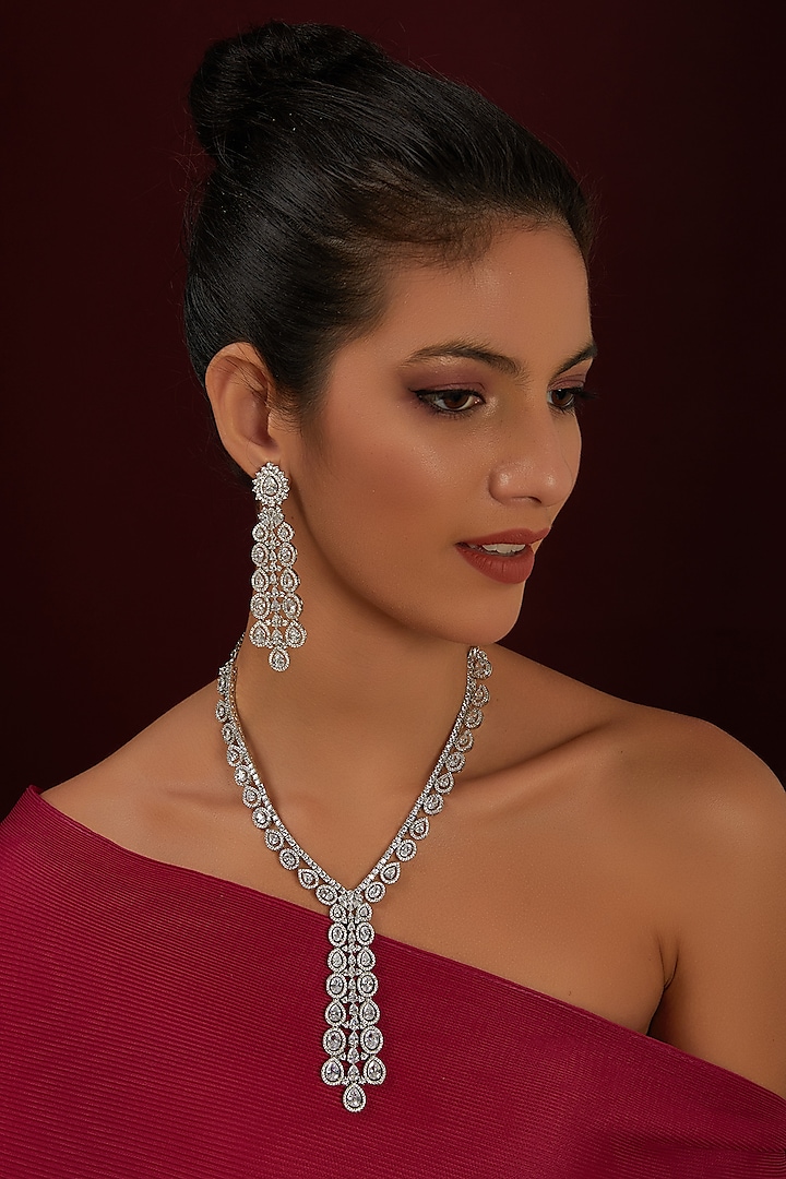 White Finish Zircon Long Necklace Set by Moh-Maya by Disha Khatri at Pernia's Pop Up Shop