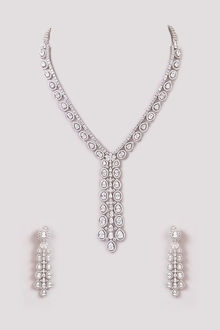 White Finish Zircon Long Necklace Set by Moh-Maya by Disha Khatri at Pernia's Pop Up Shop