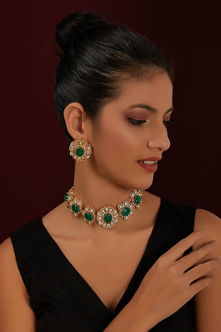 Gold Finish Kundan Polki & Emerald Stone Choker Necklace Set by Moh-Maya by Disha Khatri at Pernia's Pop Up Shop